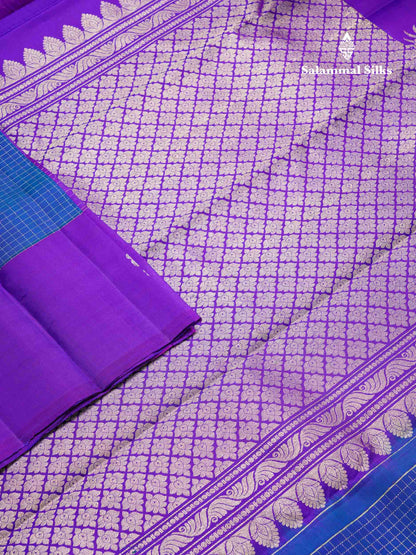 Beautiful Dual Tone Peacock Blue Small Zari Checks Pure Kanjivaram Silk Saree With Contrast Purple Fancy Border