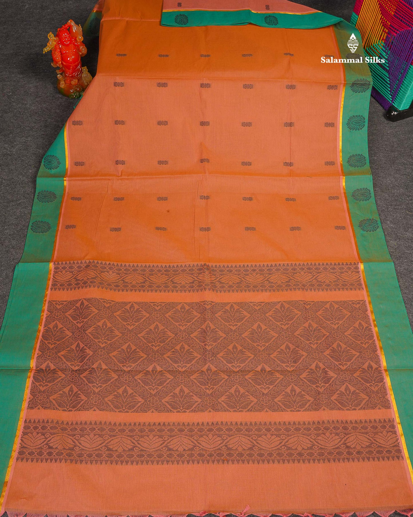 Pure Cotton Saree - Light Brown Colour Body Thread Butta With Contrast Sapphire Green Border