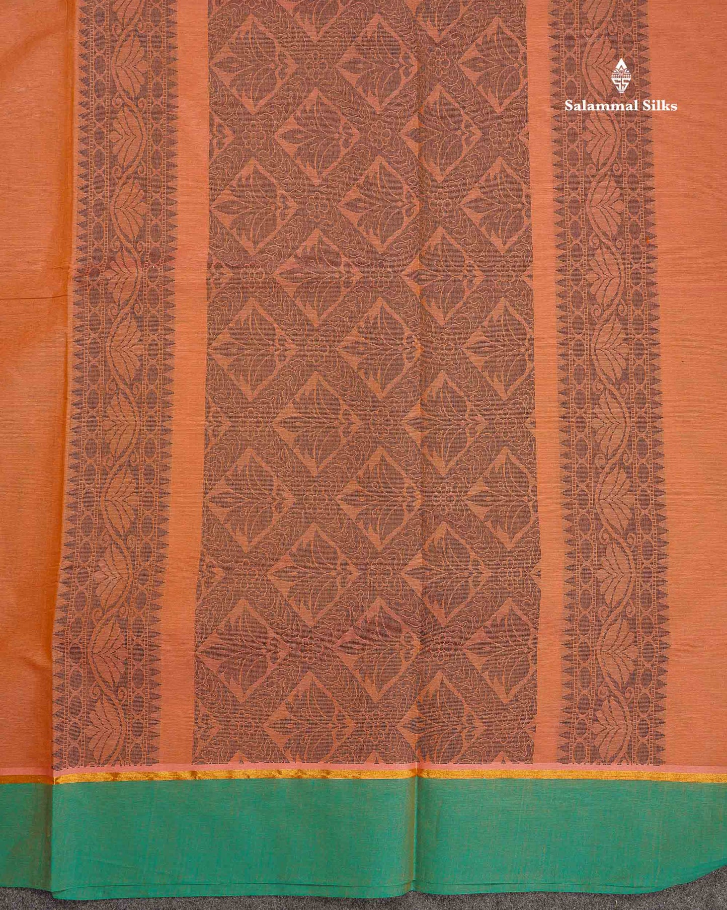 Pure Cotton Saree - Light Brown Colour Body Thread Butta With Contrast Sapphire Green Border