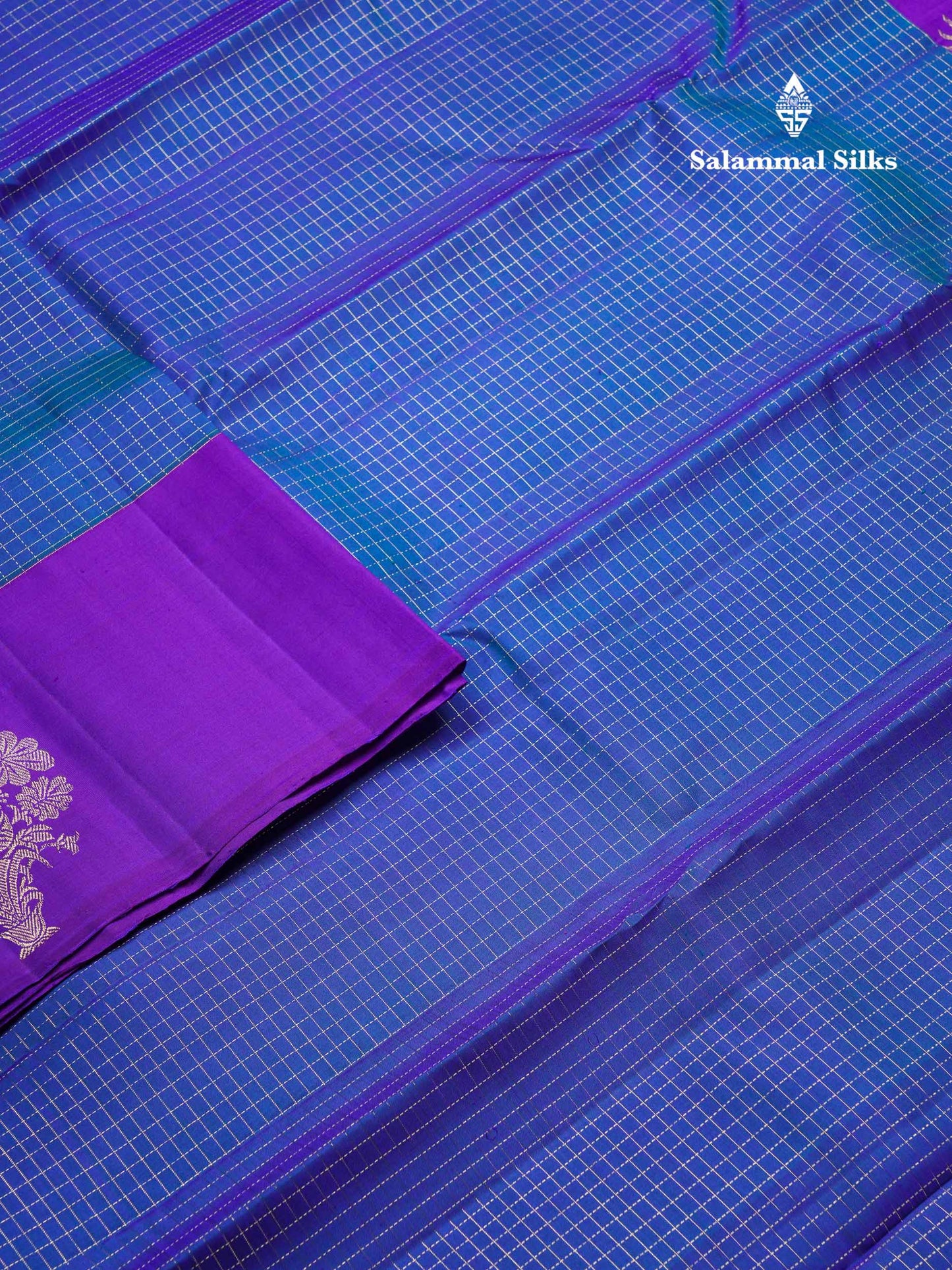 Beautiful Dual Tone Peacock Blue Small Zari Checks Pure Kanjivaram Silk Saree With Contrast Purple Fancy Border