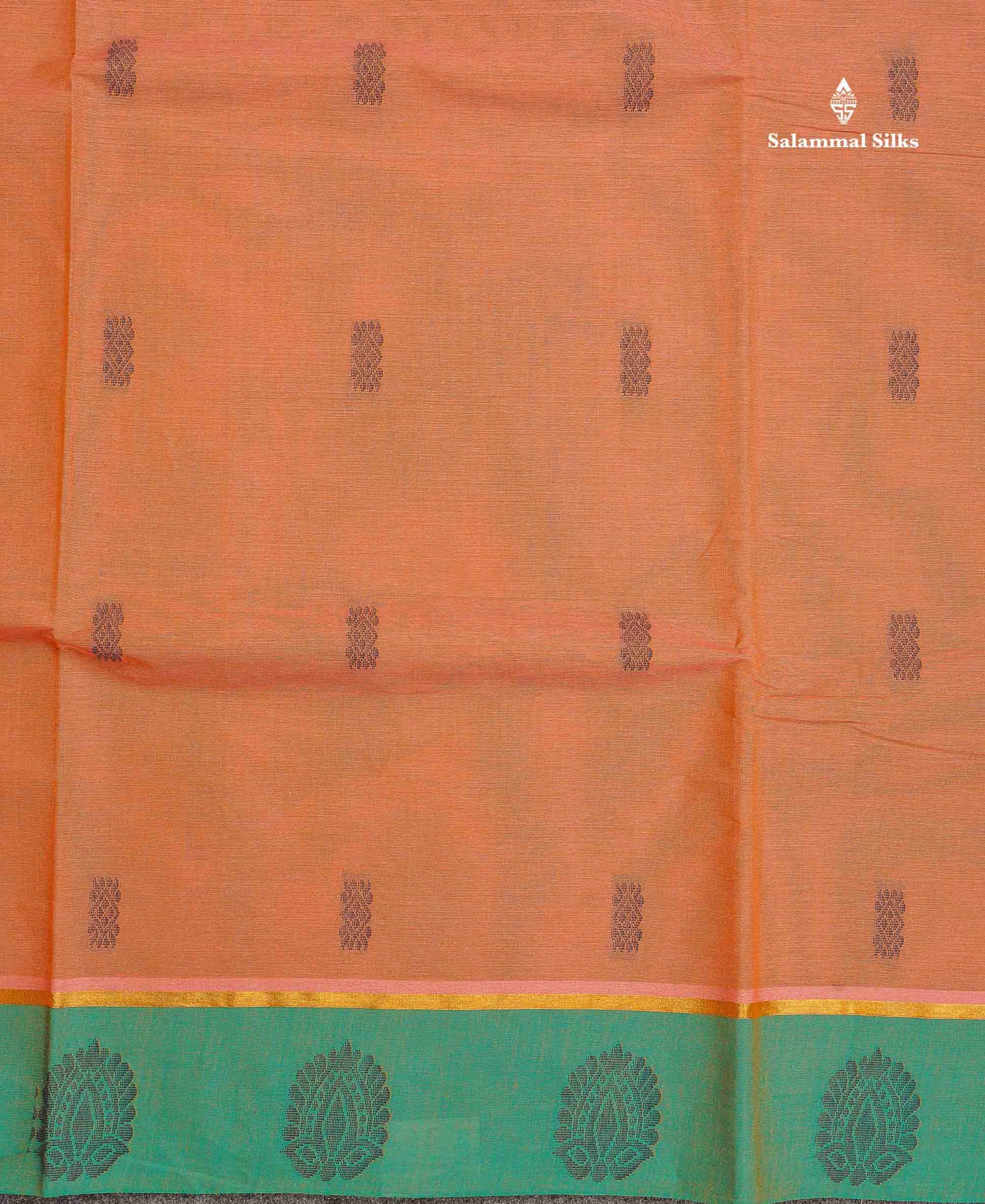Pure Cotton Saree - Light Brown Colour Body Thread Butta With Contrast Sapphire Green Border