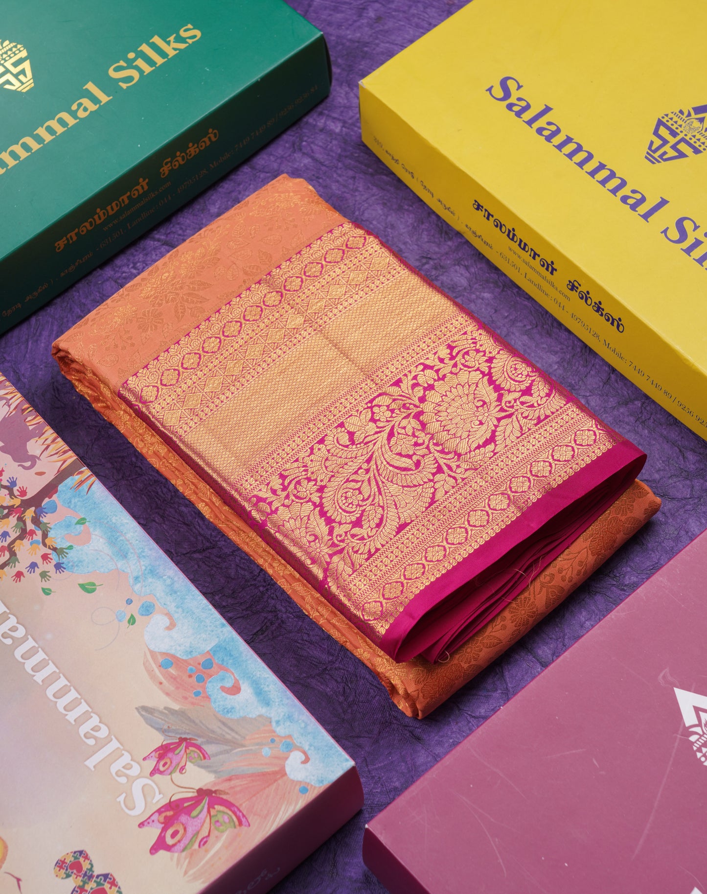 Beautiful Orange Bridal Pure Kanjivaram Silk Saree With Contrast Pink Traditional Evening Morning Border