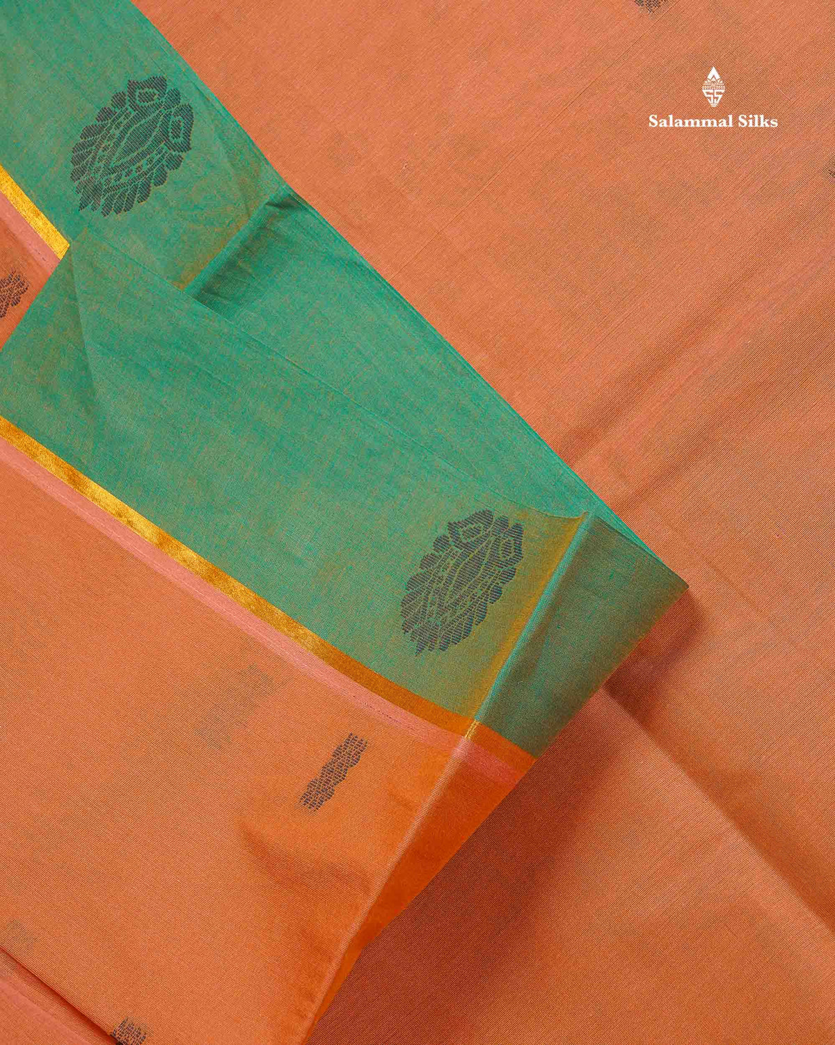 Pure Cotton Saree - Light Brown Colour Body Thread Butta With Contrast Sapphire Green Border