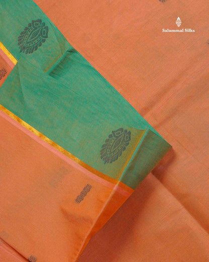Pure Cotton Saree - Light Brown Colour Body Thread Butta With Contrast Sapphire Green Border