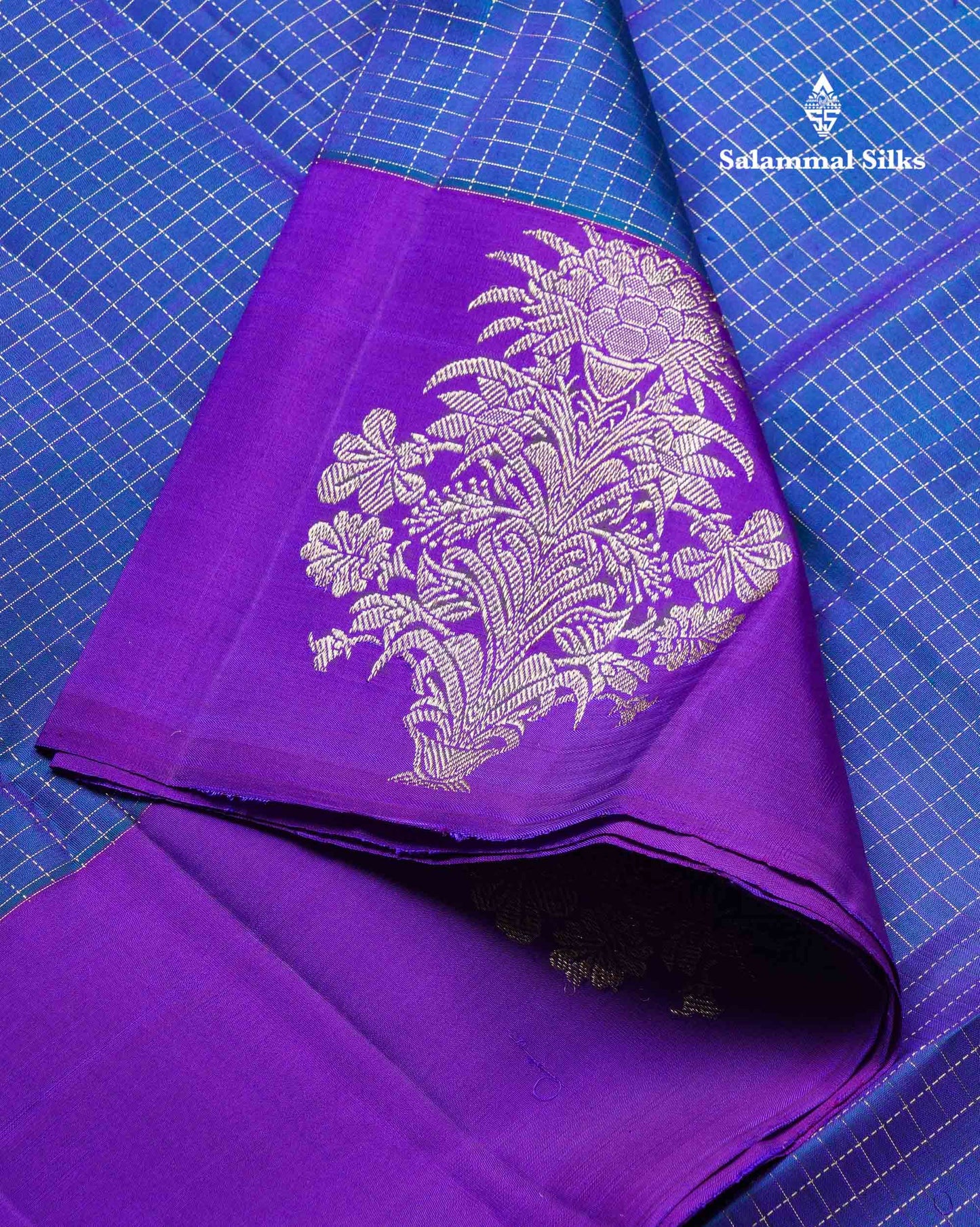 Beautiful Dual Tone Peacock Blue Small Zari Checks Pure Kanjivaram Silk Saree With Contrast Purple Fancy Border