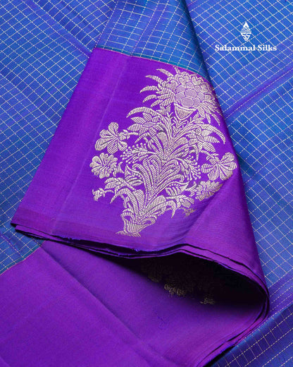 Beautiful Dual Tone Peacock Blue Small Zari Checks Pure Kanjivaram Silk Saree With Contrast Purple Fancy Border