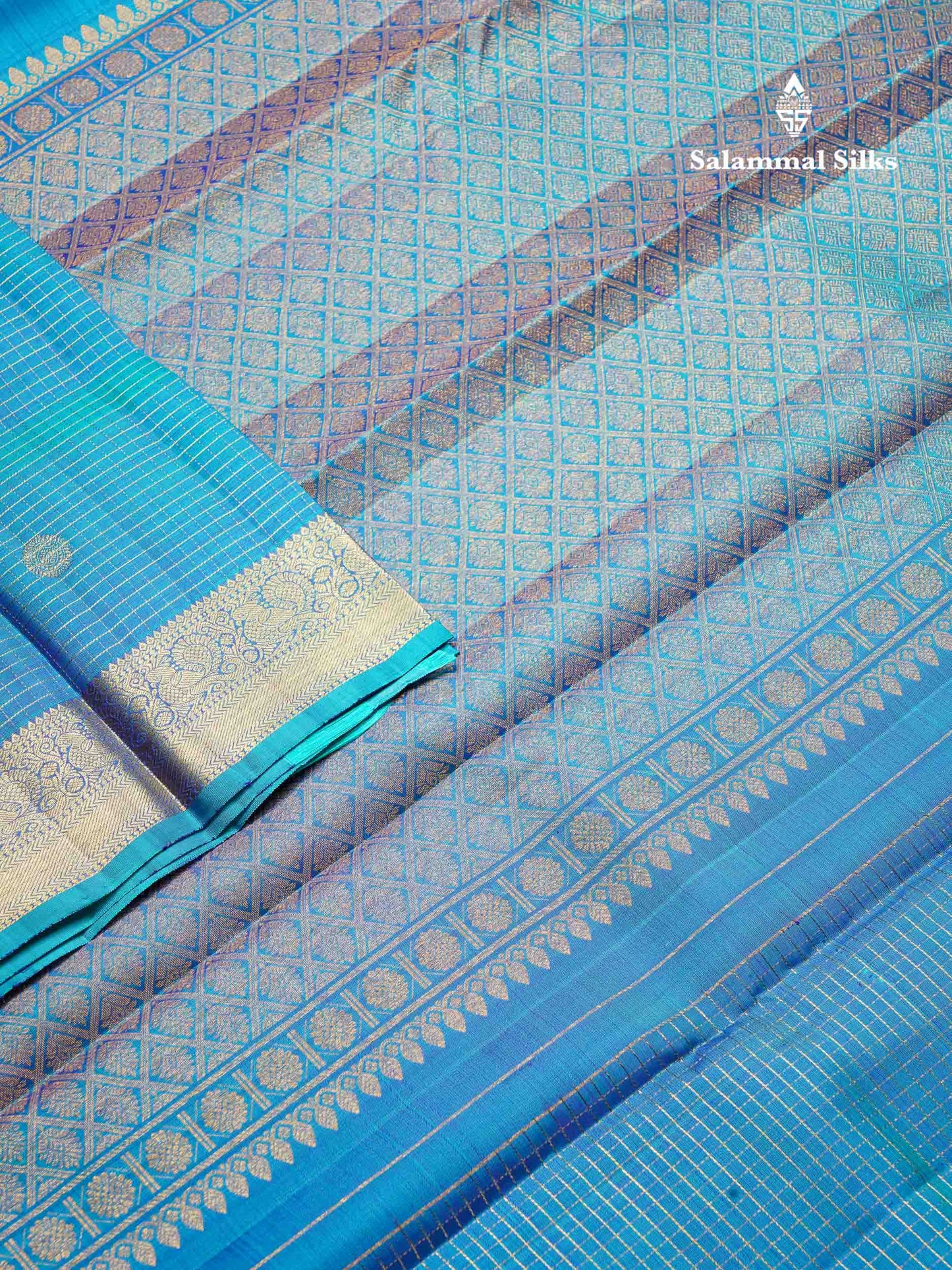 Beautiful Dual Tone Sky Blue Small Zari Checks With Butta Pure Kanjivaram Silk Saree With Traditional Medium Border
