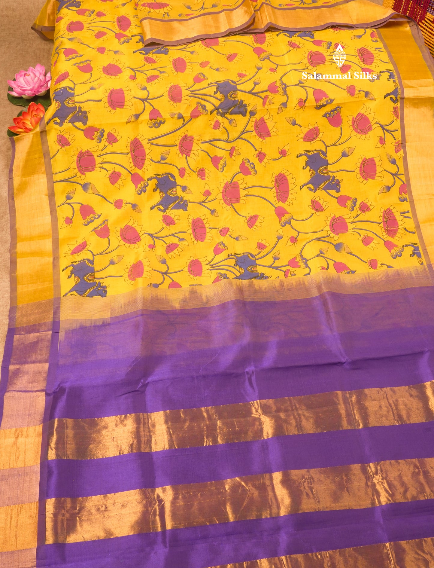 Beautiful Yellow Pichwa Print Pure Silk Cotton Saree With Copper Zari Border