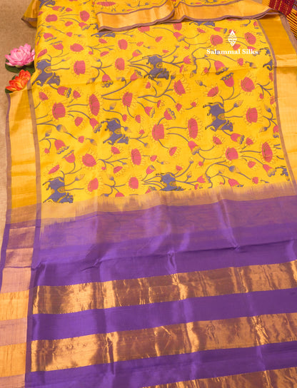 Beautiful Yellow Pichwa Print Pure Silk Cotton Saree With Copper Zari Border