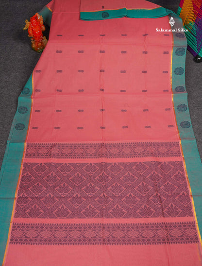 Pure Cotton Saree - Dark Peach Colour Body Thread Butta With Contrast Dual Tone Ramar Blue Border