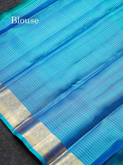 Beautiful Dual Tone Sky Blue Small Zari Checks With Butta Pure Kanjivaram Silk Saree With Traditional Medium Border