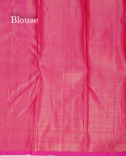 Beautiful Peach Fancy Vairaoosi Menakari Work Pure Kanjivaram Silk Saree with Contrast Pink Blouse