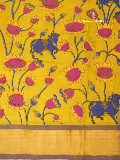 Beautiful Yellow Pichwa Print Pure Silk Cotton Saree With Copper Zari Border