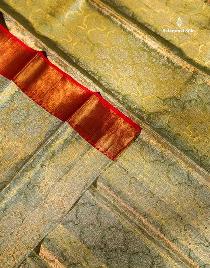 Korvai Beautiful Light Rexona Tissue Bridal 2G Pure Kanjivaram Silk Saree With Contrast Chilly Red Traditional Evening Morning Border
