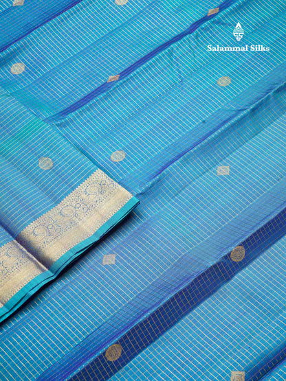 Beautiful Dual Tone Sky Blue Small Zari Checks With Butta Pure Kanjivaram Silk Saree With Traditional Medium Border