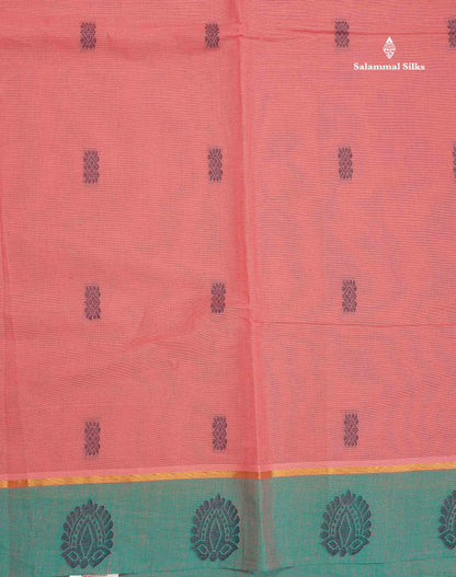 Pure Cotton Saree - Dark Peach Colour Body Thread Butta With Contrast Dual Tone Ramar Blue Border