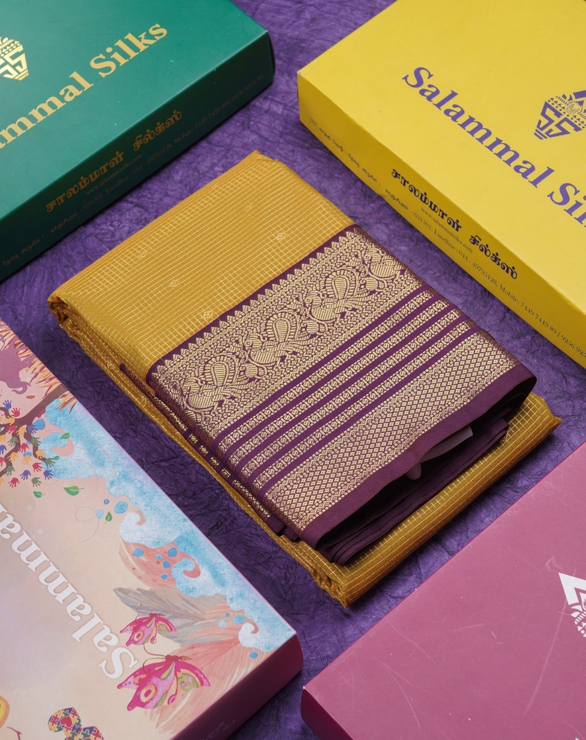 Beautiful Olive Mustard Yellow Semi Silk Saree With Contrast Dark Violet Traditional Border
