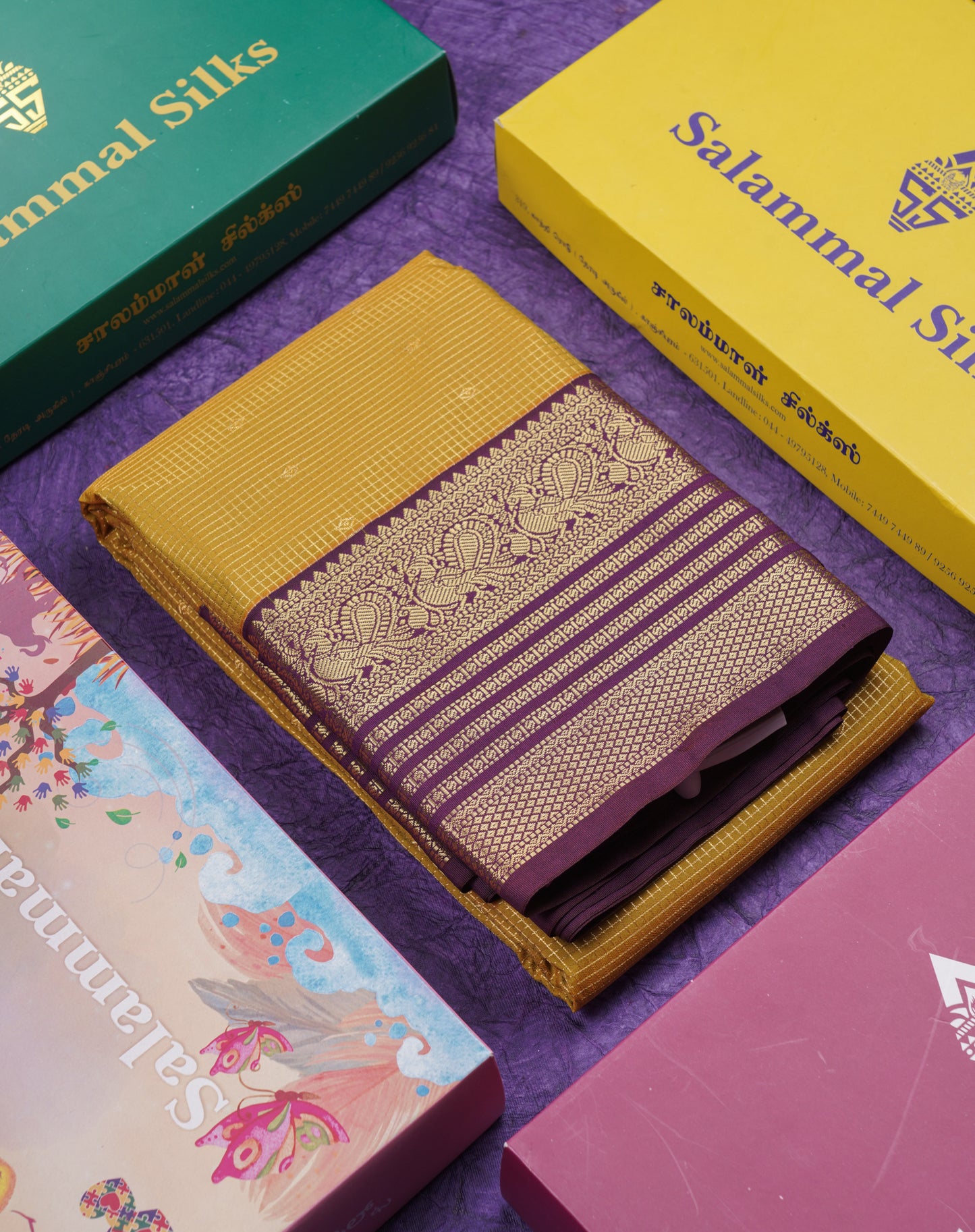 Beautiful Olive Mustard Yellow Semi Silk Saree With Contrast Dark Violet Traditional Border