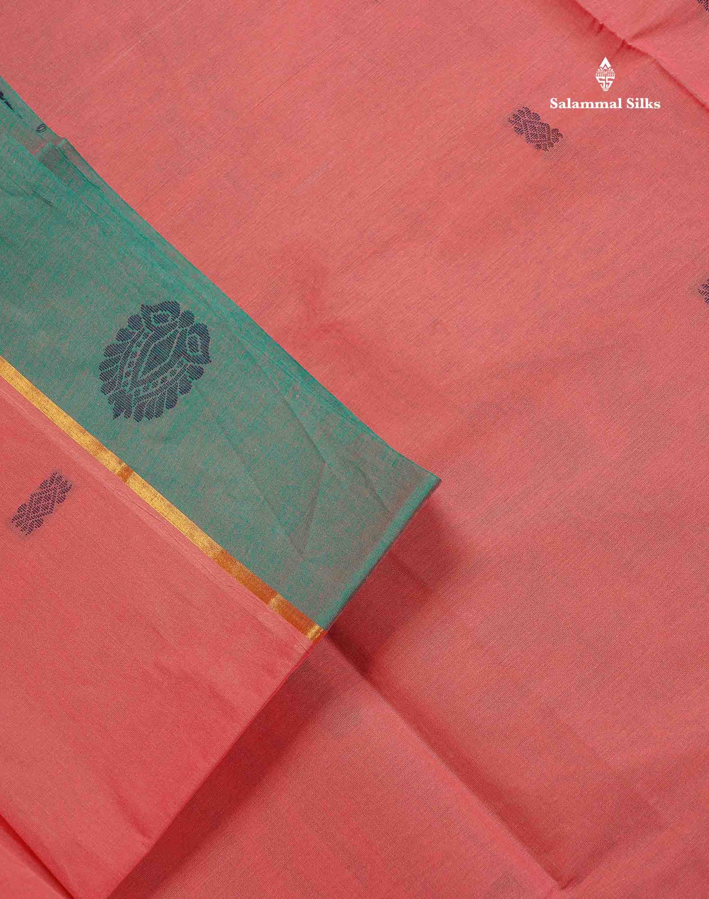 Pure Cotton Saree - Dark Peach Colour Body Thread Butta With Contrast Dual Tone Ramar Blue Border