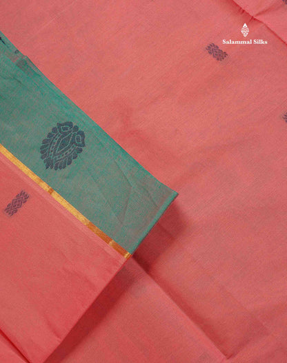 Pure Cotton Saree - Dark Peach Colour Body Thread Butta With Contrast Dual Tone Ramar Blue Border