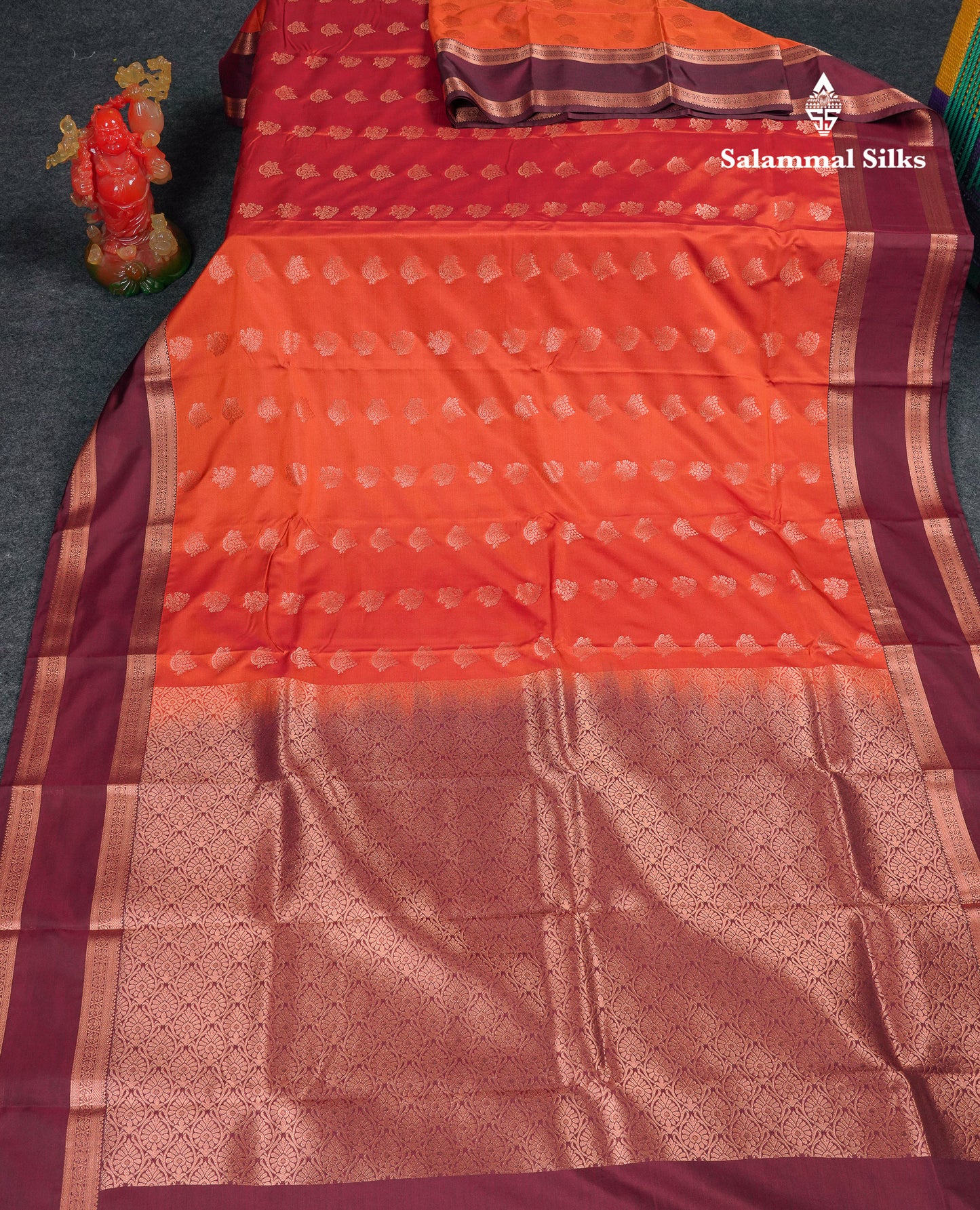 Beautiful Rust Orange Semi Silk Saree With Contrast Dark Brown Traditional Gap Border