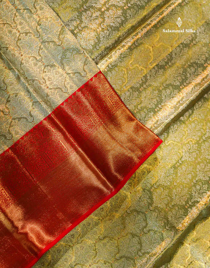 Korvai Beautiful Light Rexona Tissue Bridal 2G Pure Kanjivaram Silk Saree With Contrast Chilly Red Traditional Evening Morning Border