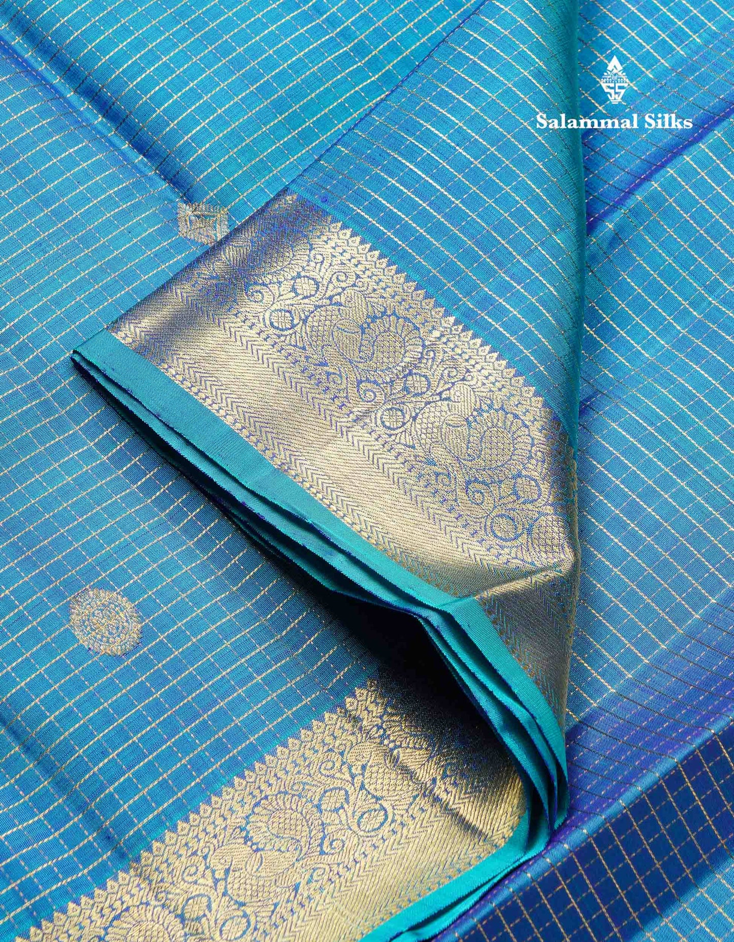 Beautiful Dual Tone Sky Blue Small Zari Checks With Butta Pure Kanjivaram Silk Saree With Traditional Medium Border