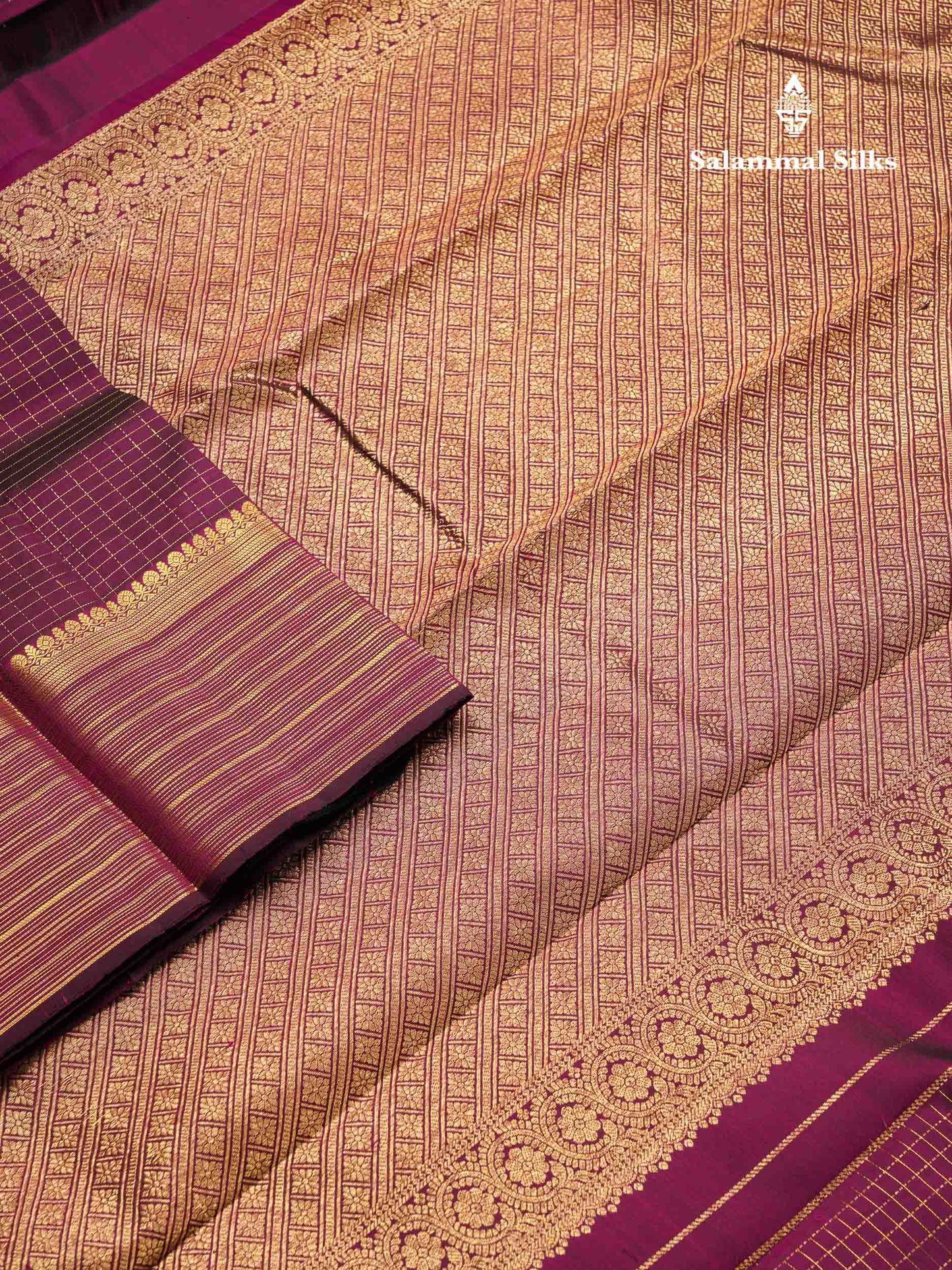 Beautiful Dark Purple Small Zari Checks With Butta Pure Kanjivaram Silk Saree With Traditional Border