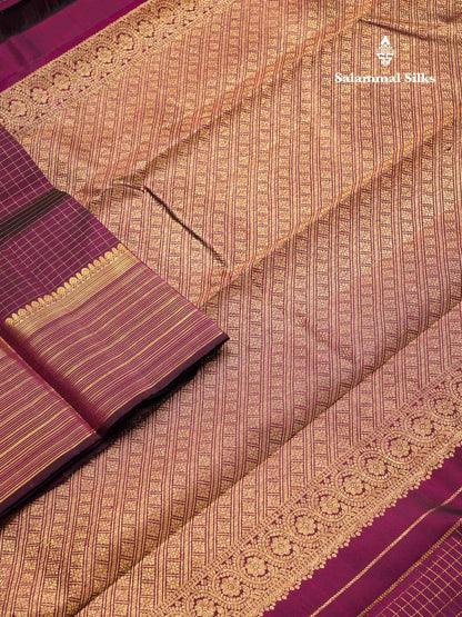 Beautiful Dark Purple Small Zari Checks With Butta Pure Kanjivaram Silk Saree With Traditional Border