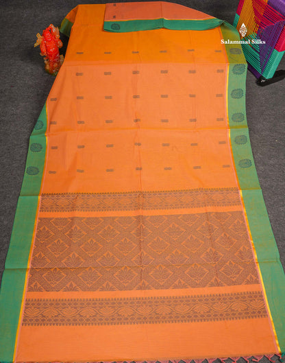 Pure Cotton Saree - Dual Tone Mustard Yellow Colour Body Thread Butta With Contrast Sapphire Green Border
