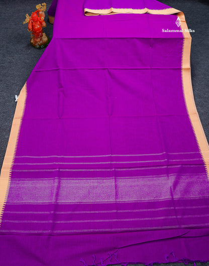 Beautiful Purple Plain Pure Cotton Saree With Contrast Sandal Traditional Border