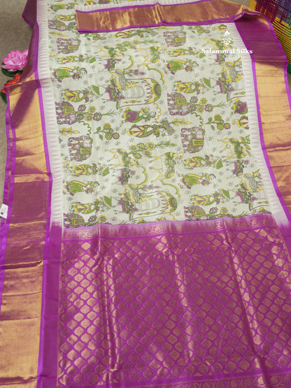 White Printed Pure Silk Cotton Saree With Contrast Vadamalli Traditional Temple Border