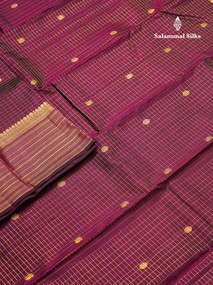 Beautiful Dark Purple Small Zari Checks With Butta Pure Kanjivaram Silk Saree With Traditional Border