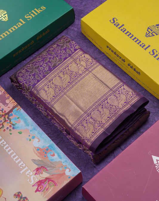 Beautiful Violet Pure Kanjivaram Silk Saree 3G Zari With Traditional Evening Morning Border