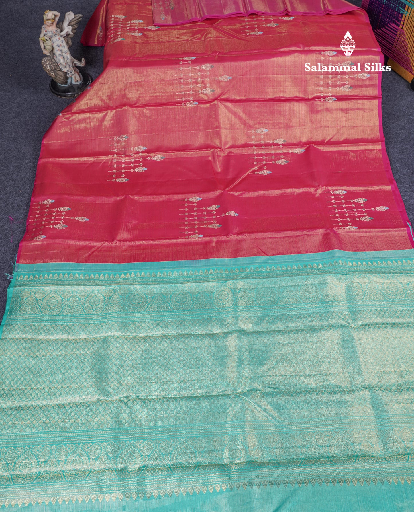 Beautiful Pink Fancy Vairaoosi Pure Kanjivaram Silk Saree with Contrast Rexona Green Blouse