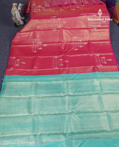 Beautiful Pink Fancy Vairaoosi Pure Kanjivaram Silk Saree with Contrast Rexona Green Blouse
