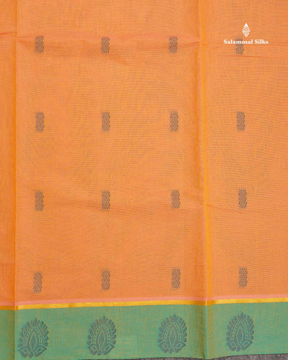 Pure Cotton Saree - Dual Tone Mustard Yellow Colour Body Thread Butta With Contrast Sapphire Green Border