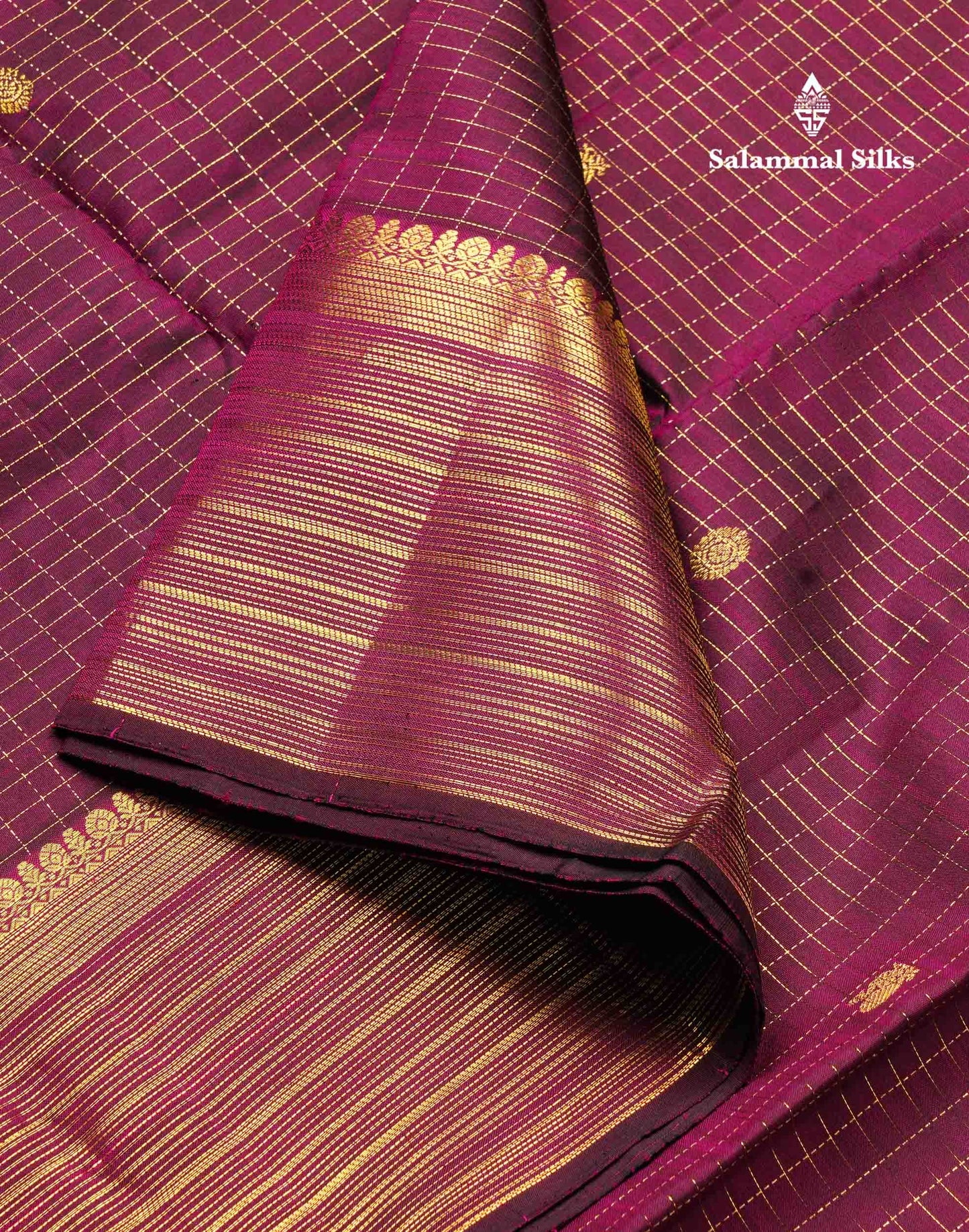 Beautiful Dark Purple Small Zari Checks With Butta Pure Kanjivaram Silk Saree With Traditional Border