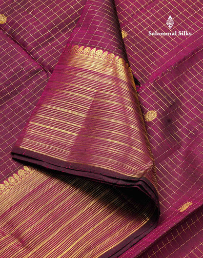 Beautiful Dark Purple Small Zari Checks With Butta Pure Kanjivaram Silk Saree With Traditional Border