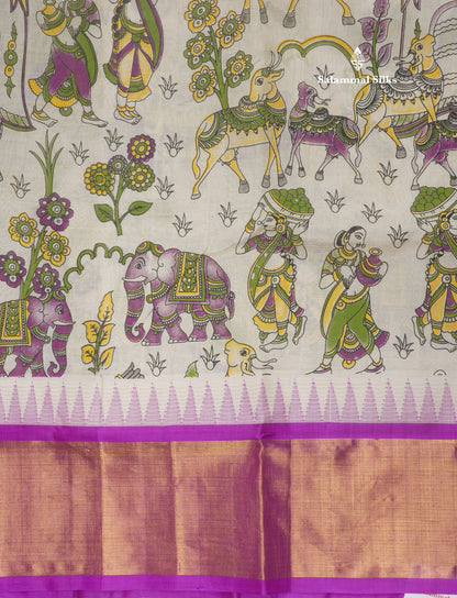 White Printed Pure Silk Cotton Saree With Contrast Vadamalli Traditional Temple Border