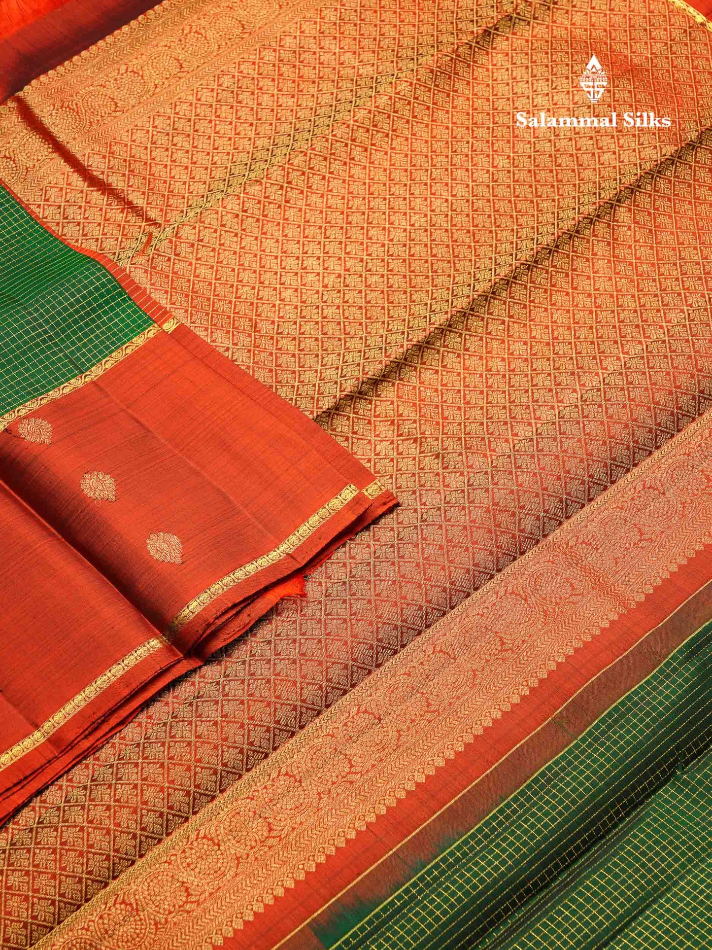 Beautiful Bottle Green Small Zari Checks Pure Kanjivaram Silk Saree With Contrast Dual Tone Brown Traditional Border