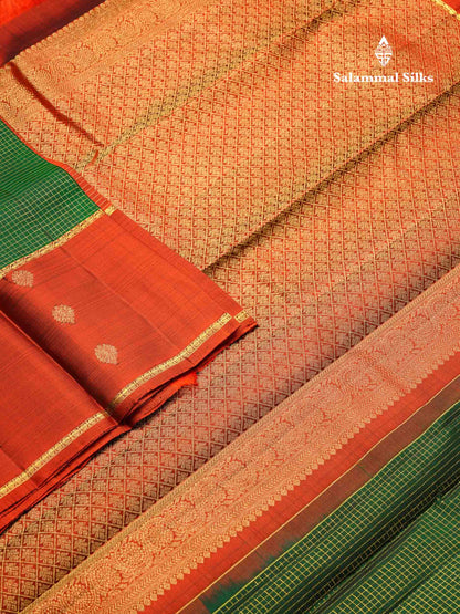 Beautiful Bottle Green Small Zari Checks Pure Kanjivaram Silk Saree With Contrast Dual Tone Brown Traditional Border