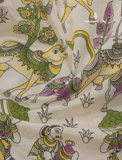 White Printed Pure Silk Cotton Saree With Contrast Vadamalli Traditional Temple Border