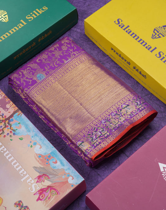 Beautiful Dark Purple Menakari Work Bridal Pure Kanjivaram Pure Silk Saree with Traditional Pallaku Evening Morning Border