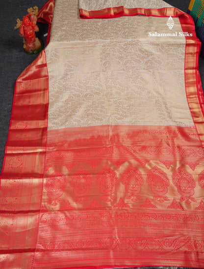 Beautiful Half White Semi Silk Saree With Contrast Chilly Red Traditional Evening Morning Border