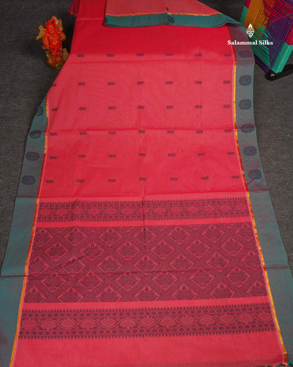 Pure Cotton Saree - Peach Colour Body Thread Butta With Contrast Sapphire Green Border