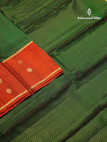 Beautiful Bottle Green Small Zari Checks Pure Kanjivaram Silk Saree With Contrast Dual Tone Brown Traditional Border