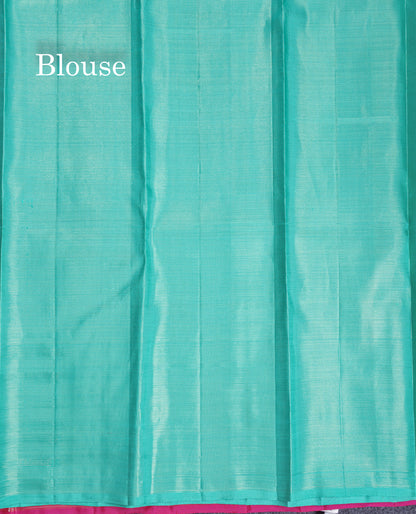 Beautiful Pink Fancy Vairaoosi Pure Kanjivaram Silk Saree with Contrast Rexona Green Blouse