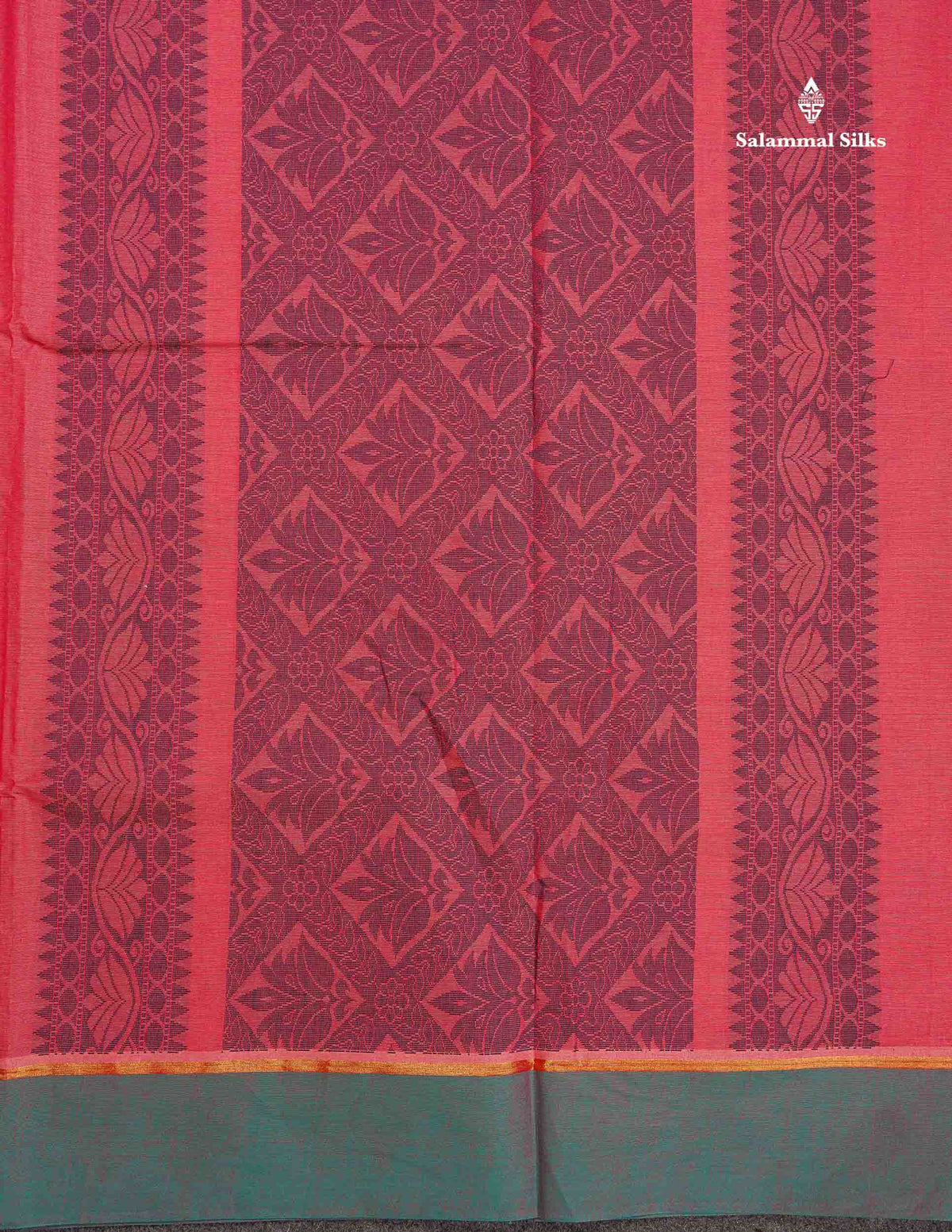 Pure Cotton Saree - Peach Colour Body Thread Butta With Contrast Sapphire Green Border
