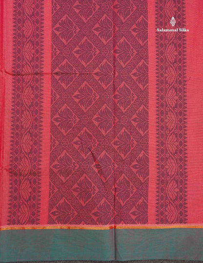 Pure Cotton Saree - Peach Colour Body Thread Butta With Contrast Sapphire Green Border